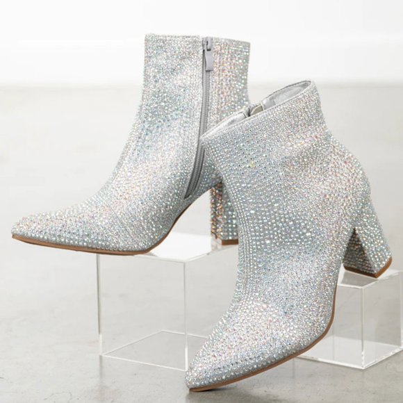 NEW🔥 Bling Silver Rhinestone Crystal Block Heel Ankle Booties Boots Pointed Toe - Picture 10 of 10
